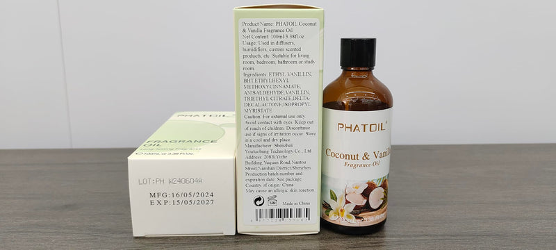 [Australia] - 100ML/3.38fl.oz Coconut & Vanilla Fragrance Oils, PHATOIL Coconut & Vanilla Oil for Diffuser, Humidifier, Scented Oils for DIY Soap, Candle Making with Premium Glass Dropper 3.38 Fl Oz (Pack of 1) 