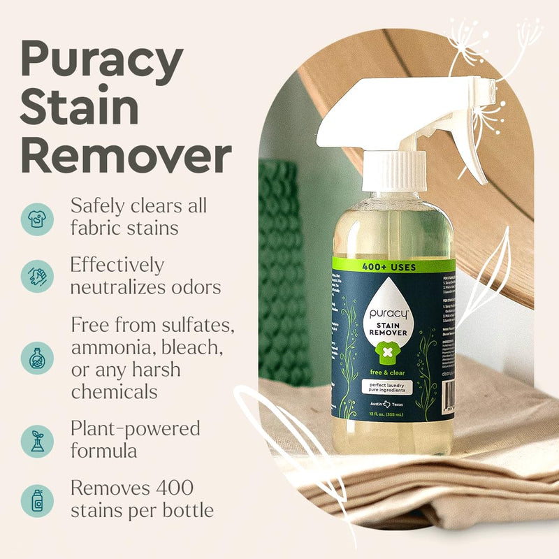 [Australia] - Puracy Stain Remover Cleaning Spray - Enzyme-Powered Stain Remover Spray As Seen on TikTok, Natural Travel Stain Remover for Clothes Free & Clear, 12 oz Free&Clear 12oz 