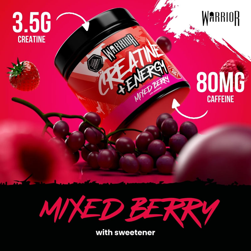 Warrior Creatine Monohydrate Powder + Energy 360g (80 Servings) – Micronised Creatine Powder Supplement + Vitamin B & Caffeine for Energy & Focus, Pre & Post Workout for Men & Women – Mixed Berry