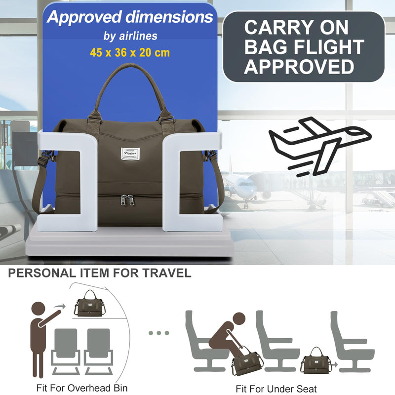 Travel Duffel Bag 18x14x8 Inches Carry On Bag for Airplanes Weekender Overnight Bag for Women with Trolley Sleeve Travel Bag Spirit with Shoes Compartment Sport Tote Gym Bag DarkBrown