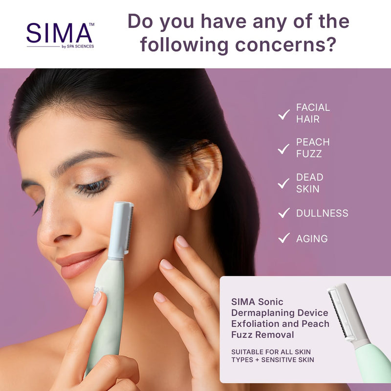 SPA SCIENCES - SIMA Patented Dermaplane Razor for Women Face – Painless 2-in-1 Facial Exfoliation & Peach Fuzz Hair Removal – Anti-Aging – 3 Speeds – Rechargeable – 7 Weeks Treatment Mint