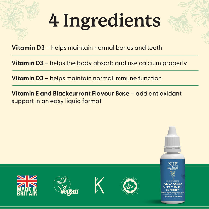 NHP Advanced Vitamin D3 Support - Vegan Blackcurrant Liquid for Healthy Bones, Teeth & Immune System – 100% Active Ingredients, Free from Gluten, Dairy & Excipients – Easy-to-Take Supplement