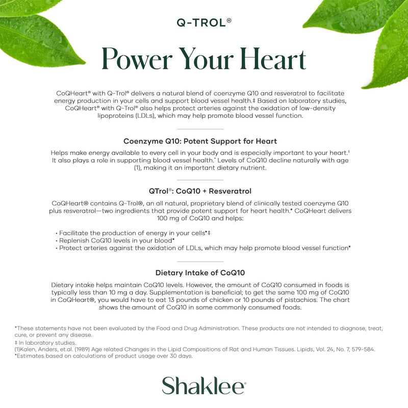 Shaklee - CoQHeart® with Q-Trol® - Heart Health Supplement - 30 Softgels | Combines coenzyme Q10 with a proprietary Q-Trol® blend, Includes resveratrol and complementary plant-based ingredients