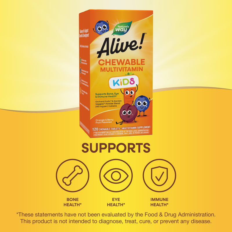 [Australia] - Nature's Way Alive! Children's Daily Chewable Multivitamin, Supports Bone, Eye, and Immune Health*, Orange & Berry Fruit Flavored, Gluten Free, 120 Chewable Tablets (Packaging May Vary) 