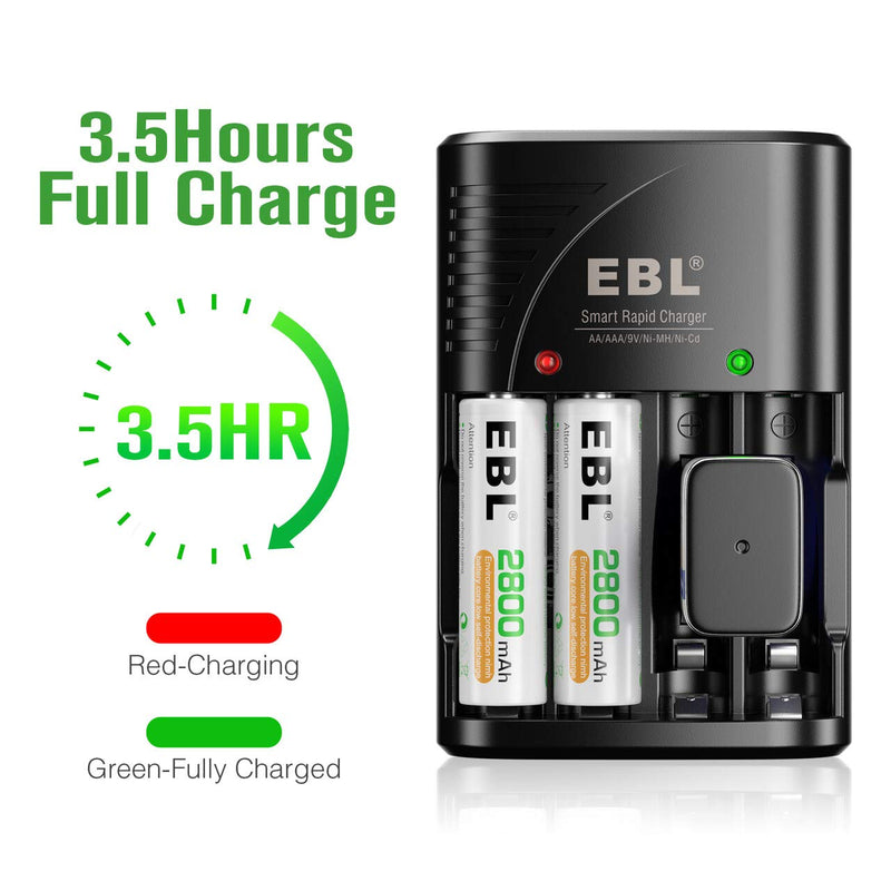 EBL Rechargeable AA Batteries 4 Pack, Precharged Double A Battery 2800mAh and AA AAA Battery Charger with Foldable Wall Plug 4AA Battery + Charger