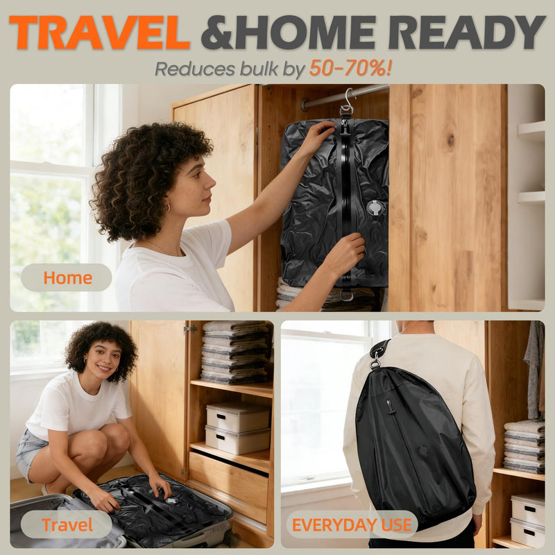 LONGHIKER Travel Vacuum Bags with Pump – Reusable Airless Space Saver Vacuum Storage Bags Compression Bag for Carry-On Suitcase & Backpack, IPX8 Waterproof TPU Vacuum Seal Bags for Clothing(1PC-34L) Black with Pump
