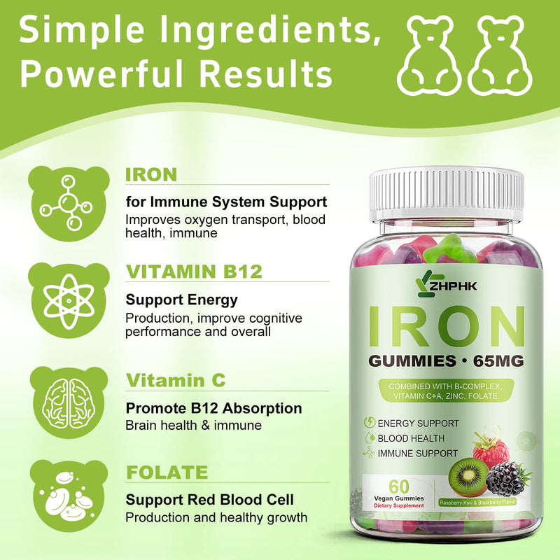 Iron Gummies for Women Men 65mg Iron & Vitamin C 250mg with B6 B12 Folate | 65mg Iron, Vitamin C 250mg, B6, B12, Folate, Energy Support for Iron Deficiency, Anemia Raspberry Kiwi & Blackberry 60 Count (Pack of 2)