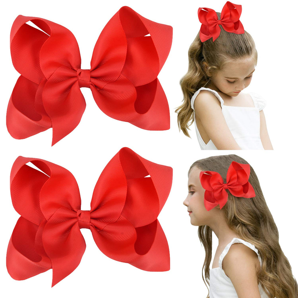 DEEKA 2 PCS 6" Big Hand-made Grosgrain Ribbon Solid Color Hair Bows Alligator Clips Hair Accessories for Little Teen Toddler Girls Kids Set of 2 -Red 1 Count (Pack of 2) Red