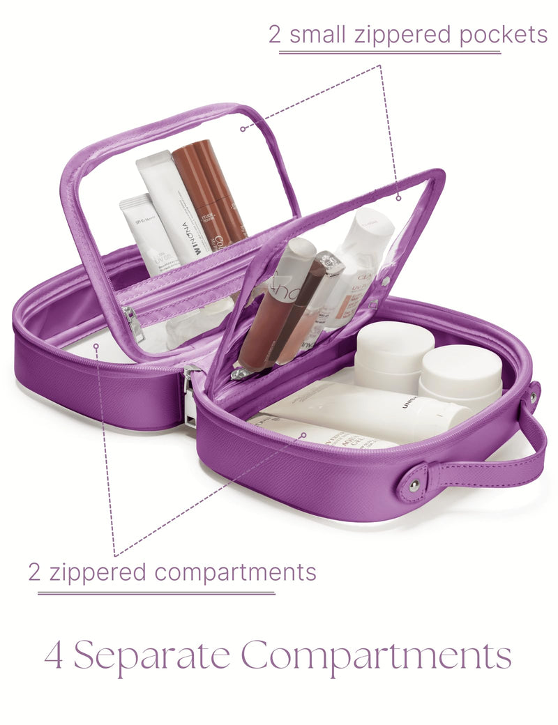 Clear Cosmetic Bag Double Layer Travel Toiletry Bag Clear Makeup Bag Case with 4 Compartments, Transparent Travel Bag for Toiletries, Large Toiletry Bag for Women Cosmetic Case (Purple, Large) Purple