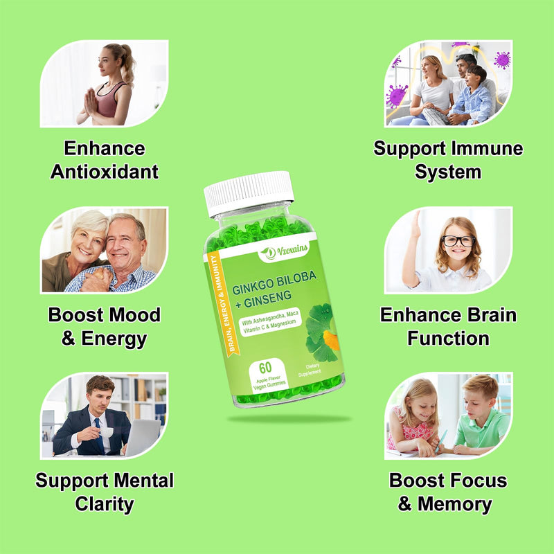 [Australia] - Ginkgo Biloba Gummies with Ginseng Maca Root & Magnesium Organic Ginko Biloba Supplements Gummies for Brain Focus Energy Mood Memory - Adults & Kids… 60 Count (Pack of 1) 