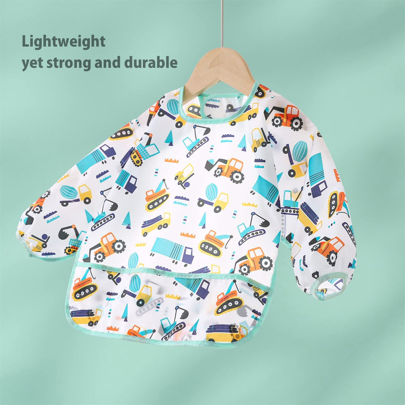 [Australia] - 5 Pack Long Sleeve Bib,Baby Toddler Waterproof Sleeved Bib for 6-30 Months Reusable with Catch-all Pocket Dino/Digger/Lion/Cactus/Animal 