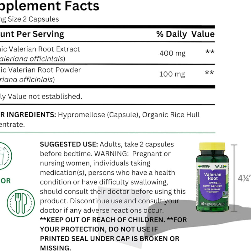 [Australia] - Valerian Root 500 mg ‚Ä¢ Relaxation & Evening Calm ‚Ä¢ Sleep Support ‚Ä¢ Vegan Capsules ‚Ä¢ 100 Count by Spring Valley + Venanci‚Äôos Sticker (Pack of 1) 100 Count (Pack of 1) 