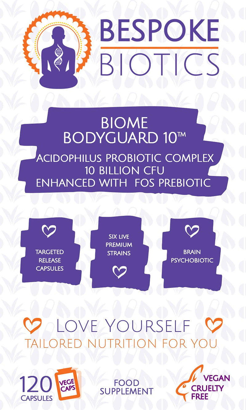 10 Billion Probiotic Acidophilus - High-Strength Multi-Strain+ Prebiotic FOS | Active Live Bacteria Complex Supplement - 10 Billion CFU XL 120 Caps Vegans | Anxiety Biome Bodyguard | Made in the UK