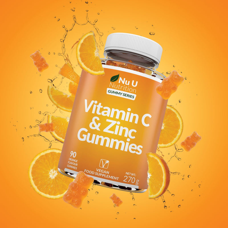 Nu U Nutrition - Vitamin C and Zinc Gummies - 90 Vegan Gummies - 120mg Vitamin C & 12mg Zinc per Serving - Natural Orange Flavour - Made in the UK