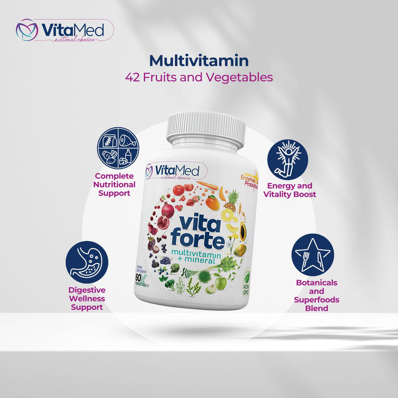 Vita Forte Vegan Multivitamin with Probiotics, Digestive Enzymes & 42 Fruits & Vegetables – Halal Certified, Non-GMO, Gluten-Free, Daily Energy & Immune Support – 60 Vegan Tablets 60 Count (Pack of 1)