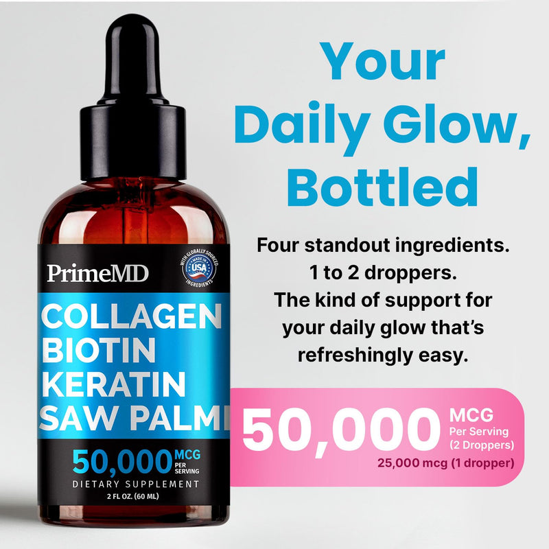 PrimeMD Collagen Peptides Serum with Biotin, Keratin & Saw Palmetto, 2oz | Hair, Skin and Nails Wellness Support, Hydrolyzed Collagen with Biotin and Keratin, Liquid Beauty Supplement Unflavored 2 Fl Oz (Pack of 1)