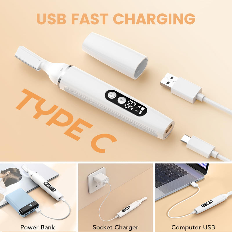 Eyebrow Trimmer Electric Eyebrow Razor with Digital Display LED Light, 2-Speed Eyebrow Shaver Rechargeable Facial Hair Remover Trimmer for Women, Painless Face Hair Removal for Upper Lip Peach Fuzz White