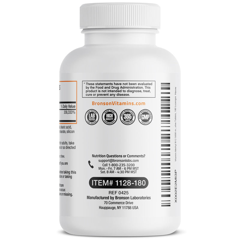 Bronson Methyl B12 5000 mcg Methylcobalamin Sublingual, 180 Lozenges | Fast Dissolve Cherry Flavor, Energy, Brain & Nervous System Support, Vegan, Non-GMO, Gluten-Free & Soy-Free 180 Count (Pack of 1)