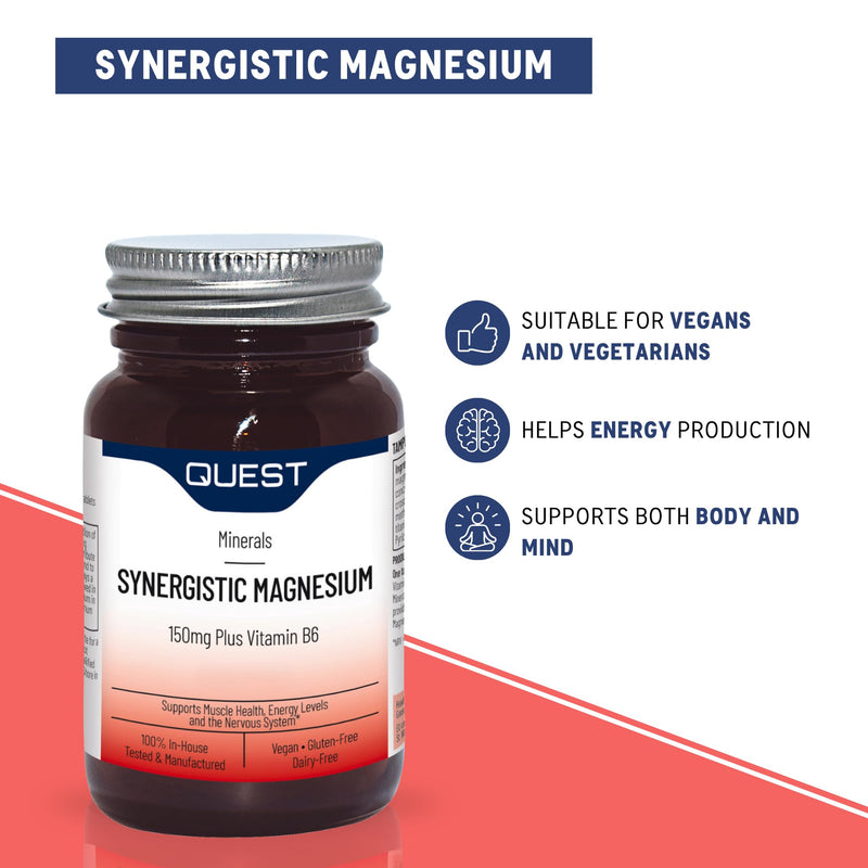 Quest Synergistic Magnesium 150mg Plus Vitamin B6-60 Tablets. Essential for Energy Production & Muscle Function. Supports Heart Health & Nervous System, Gluten-Free, Dairy-Free, Vegan. (60 Capsules) 60 count (Pack of 1)