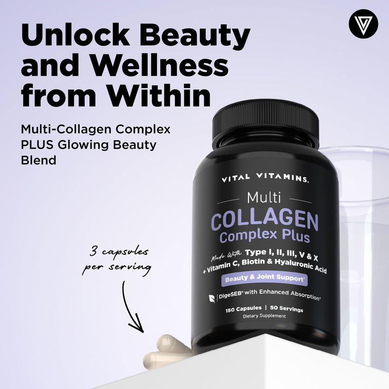 Vital Vitamins Multi Collagen Complex Plus Biotin, Hyaluronic Acid & VIT. C | Hair, Skin, & Nails Supplements for Women and Men, 5 Collagen Types I II III V & X, 150 Capsules (2-Pack) 150 Count (Pack of 2)