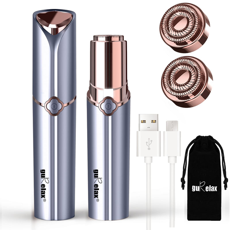 Facial Hair Remover for Women's Face Chin Lip Mustache Neck Armpit Peach Fuzz, Gurelax Electric Painless Hair Removal Device with 2 Replacement Heads Blue+2 Heads