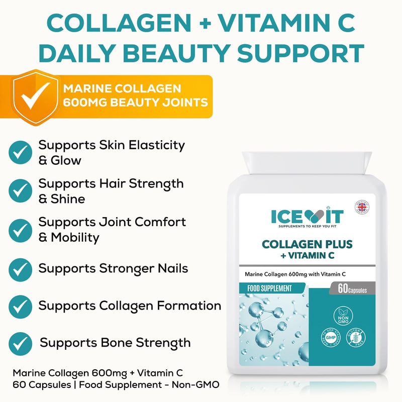 Collagen Plus with Vitamin C, Marine Collagen Capsules, 1200mg Collagen per Serving, Vitamin C 24mg, 60 Capsules, Food Supplement, Letterbox Friendly Flat Bottle