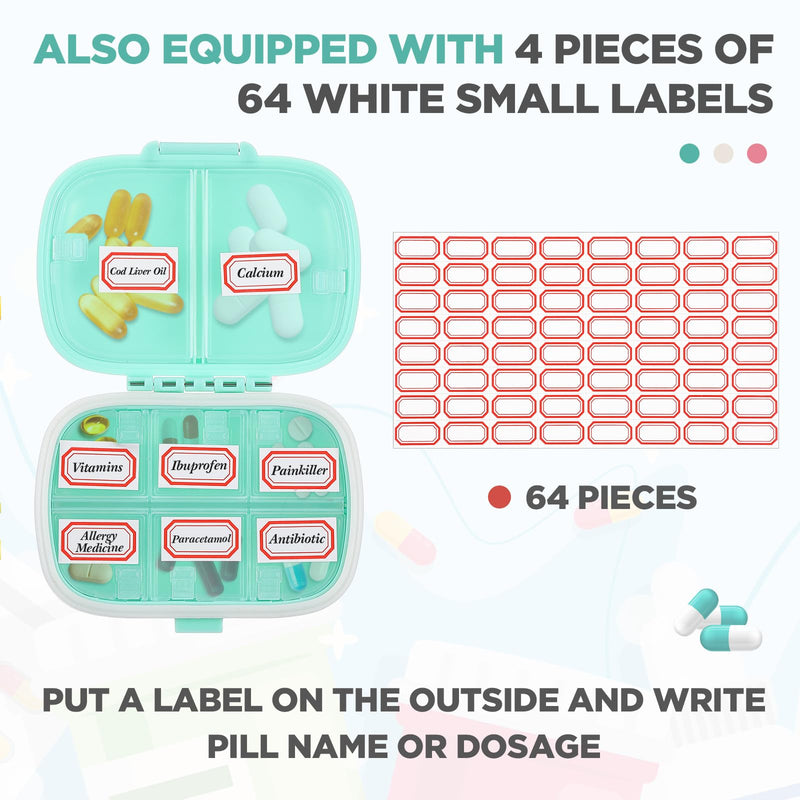 Layhit 6 Pcs Travel Pill Organizer Bulk with Labels Portable Daily Pill Dispenser 8 Compartments Medicine Storage Case for Vitamins, Fish Oils, Supplements (White,Pink,Blue) White,pink,blue