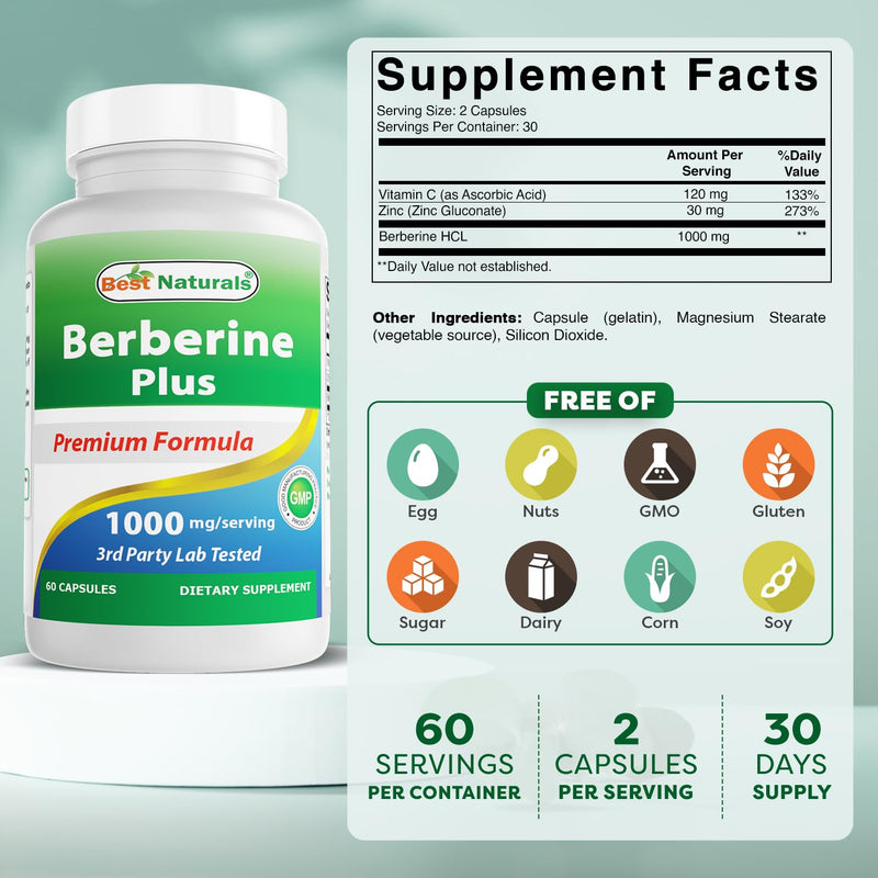 Best Naturals Berberine Plus 1000mg per Serving, (Non-GMO) 60 Capsules - Contains Berberine HCL 1000mg, Vitamin C 120mg & Zinc Gluconate 30 mg (Pack of 2) 60 Count (Pack of 2)