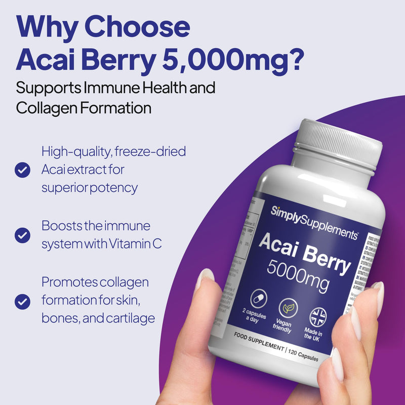 Acai Berry 5000mg Capsules | with Vitamin C | Supports Immune System & Collagen Formation | Freeze-Dried Extract | Vegan Friendly | 240 Capsules = 4-Month Supply | UK Made Unflavoured 1 count (Pack of 240)