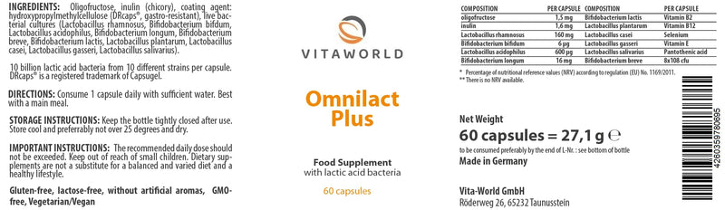 Vita World Omnilact Plus 60 Capsules Probiotics Bifidobacterium Lactobacillus Made in Germany