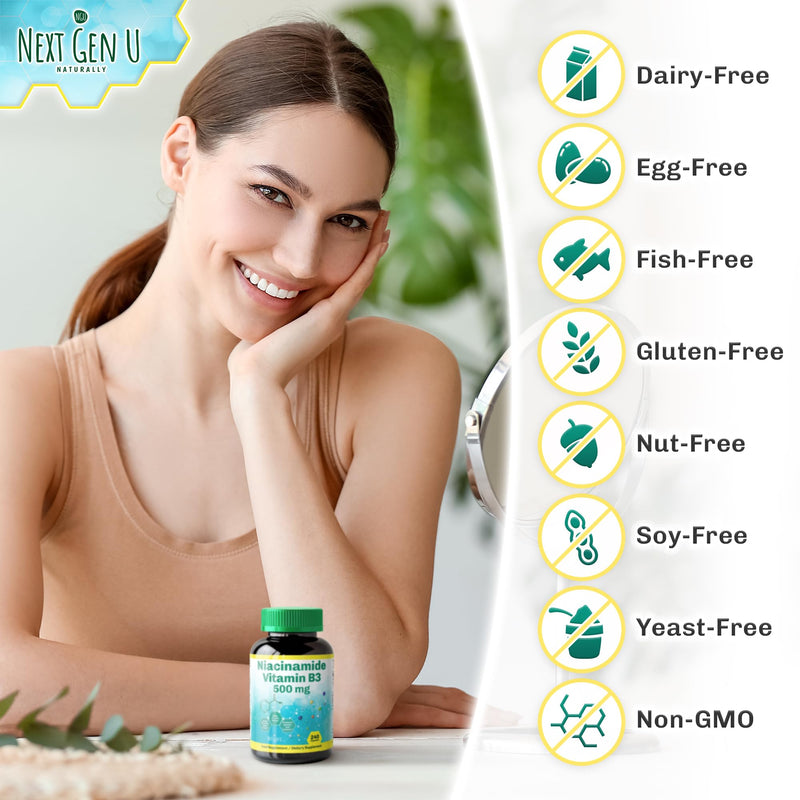 NGU Next Gen U Vitamin B3-500 mg, 240 Capsules - Niacinamide - Dietary Health Food Supplement for Healthy Skin