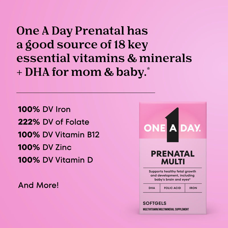 One A Day Prenatal Vitamins- Folic Acid, Iron, Omega- 3 (DHA), Pregnancy Vitamins for Women, Prenatal Multivitamin for Mom and Baby Support, Pregnancy Must Haves 30 Ct (Packaging May Vary) Unflavored 30 Count (Pack of 1)