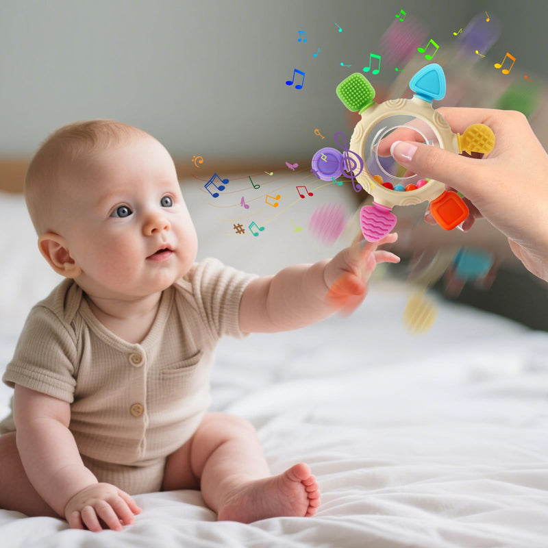 [Australia] - Baby Teething Rings Toys for 0-6 6-12 Months Baby Rattle Teether Sensory Toys for Babies 0-24Months Silicone Teether Relief Chew Soothing Sore Gums for Newborn Infant Essentials BPA Free 