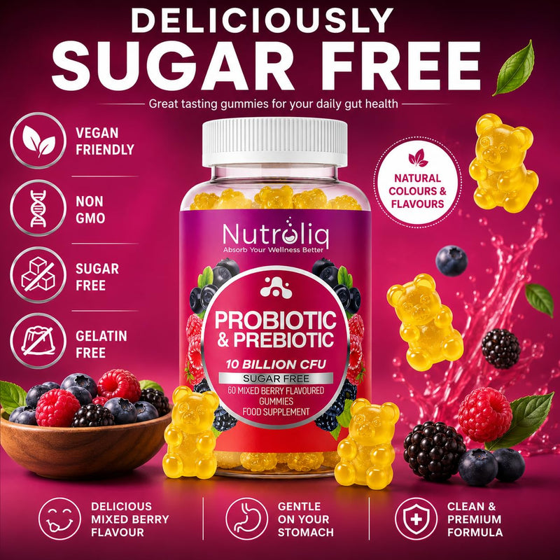 Nutroliq Prebiotic & Probiotic Sugar-Free Gummies - Gut Health Supplements for Women, Men, Kids to Support Digestive System, Immune System Booster - 10 Billion CFU Per Serving, Vegan - 60 Gummies 60 count (Pack of 1)