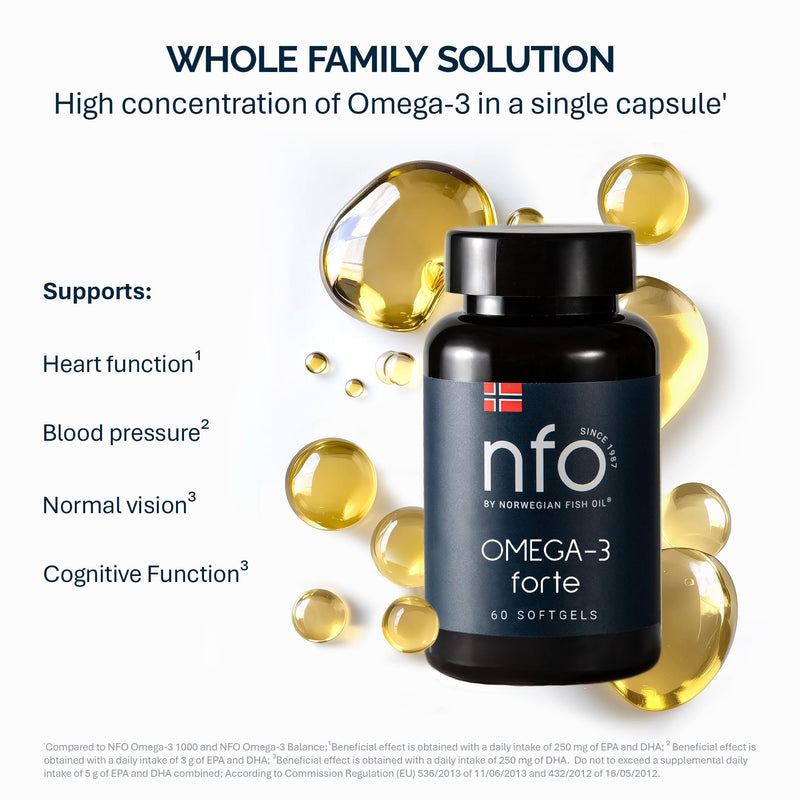 NFO Omega 3 Forte – 60 Capsules | High Strength Norwegian Fish Oil | EPA DHA with Vitamin E | Ethyl Ester Form | Fish Gelatine Capsule