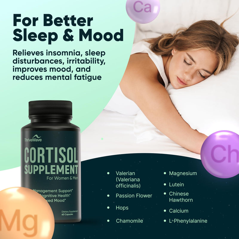 [Australia] - Cortisol Supplements for Women & Men - Bacopa Monnieri, Lemon Balm, Ashwagandha with 5 HTP, GABA, L-Theanine Supplement - Stress & Mood Support for Adults - Happy Pills for Nerve Calm - 60 Capsules 