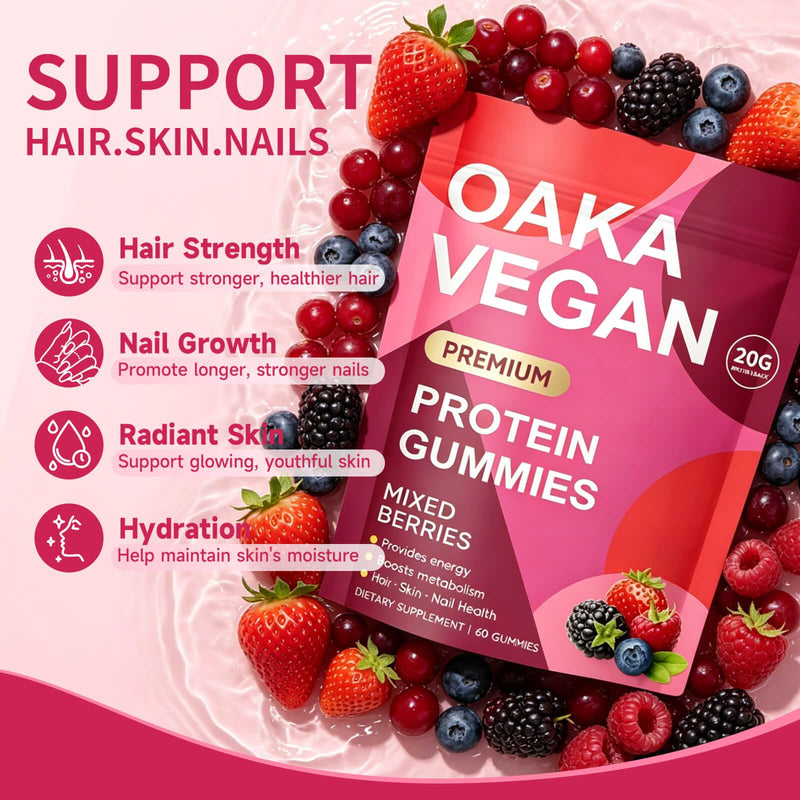 Protein Gummies for Women & Men, 20g Protein per Serving, Supports Healthy Hair Skin Nails & Energy, Vegan, Zero Sugar, Mixed Berries Flavor, 60 Gummies