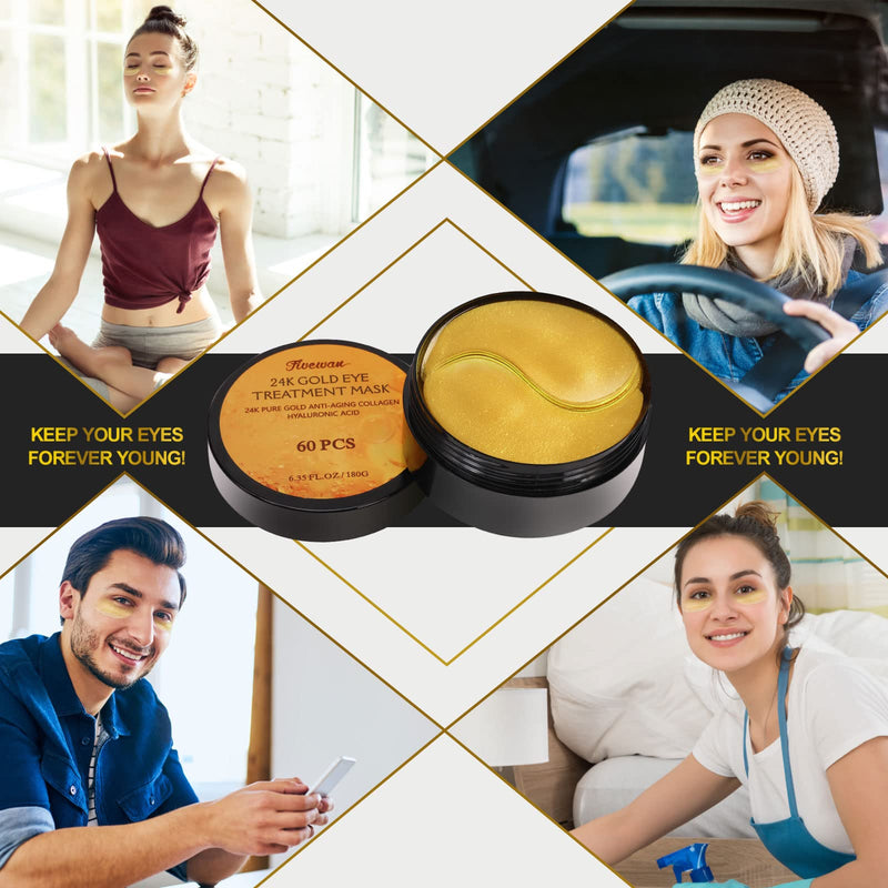 [Australia] - Fivewan 24k Gold Under Eye Patches - 60 Pcs Eye Mask Pure Gold Anti-Aging Collagen Hyaluronic Acid Under Eye Mask for Removing Dark Circles, Puffiness & Wrinkles Refresh Your Skin 30 Pairs 