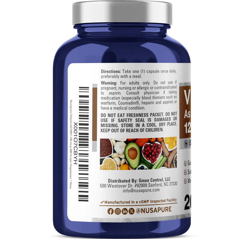 Vitamin K2 MK7, 120 mcg, Non-GMO, Vegan, 200 Veggie Capsules-200 Servings | Plant Based, Soy Free Dietary Supplement Suitable for Adults, Manufactured in the USA in a cGMP registered facility 200 Count (Pack of 1)