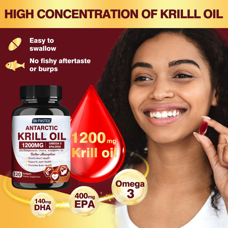 [Australia] - Krill Oil 1200mg, Antarctic Krill Oil Omega 3 Supplement with EPA, DHA，Astaxanthin & Phospholipids for Heart & Brain & Joint Health, No Fishy Aftertaste,120 Softgels (60 Servings) 120 Count (Pack of 1) 