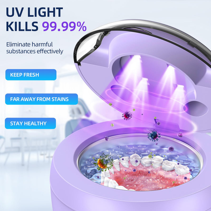 [Australia] - Ultrasonic Retainer Cleaner, Retainer Cleaner Machine for Dentures, Mouth Guards, Braces, Toothbrush Heads, Jewelry with 200ML Capacity, 45kHz Retainer Cleaning, 4 Modes for Appliances, Purple 