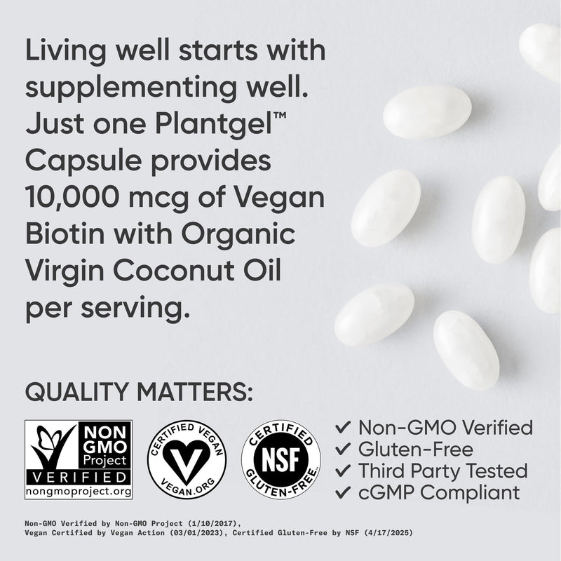 Sports Research® Biotin 10,000mcg w/Coconut Oil, 30 Count Plantgels™ | Max Strength Vegan Biotin (Vitamin B7) for Healthy Skin and Hair Support | Non-GMO, Gluten & Soy-Free, 30 Servings 30 Count (Pack of 1) 10,000 mcg