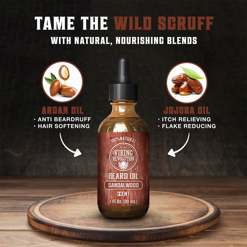 [Australia] - Viking Revolution Sandalwood Beard Oil for Men - Natural Mens Beard Oil with Argan Oil and Jojoba Oil - Beard Softener, Strengthens and Moisturizes - Beard Conditioner for Men (Sandalwood, 1 Pack) 1 Fl Oz (Pack of 1) 