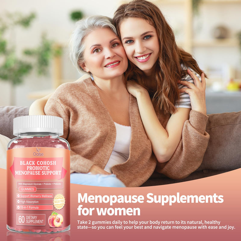 [Australia] - Black Cohosh Menopause and Menstrual Gummies with Magnesium, Vitamin E, Probiotic & Prebiotic - Hot Flashes* and Night Sweats* Relief Supplements - Vegan, Peach Flavored, 60 Counts 