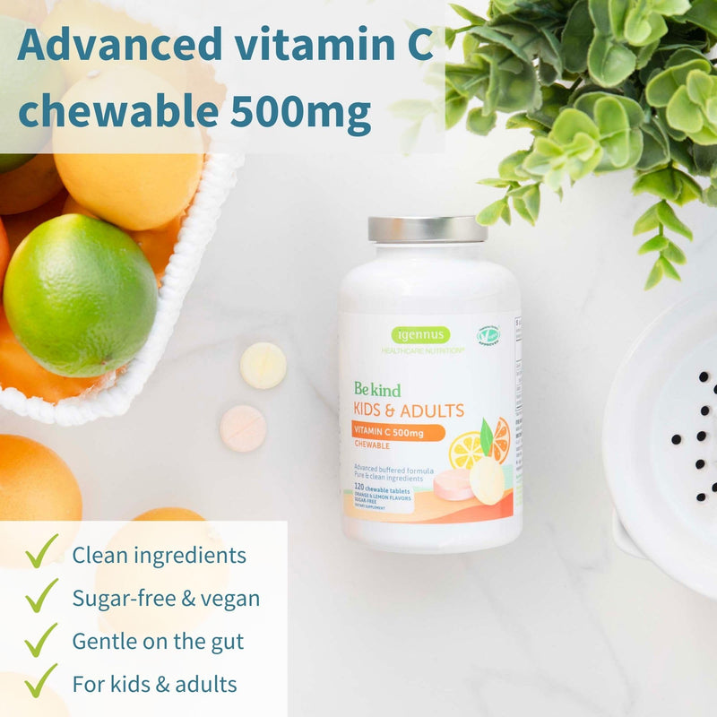 Igennus Advanced Vitamin C 500mg Chewable Tablets, 120–240 Servings for Kids & Adults, Gentle Buffered 2 in 1 High Absorption Forms, Sugar-Free Citrus Flavours, Vegan