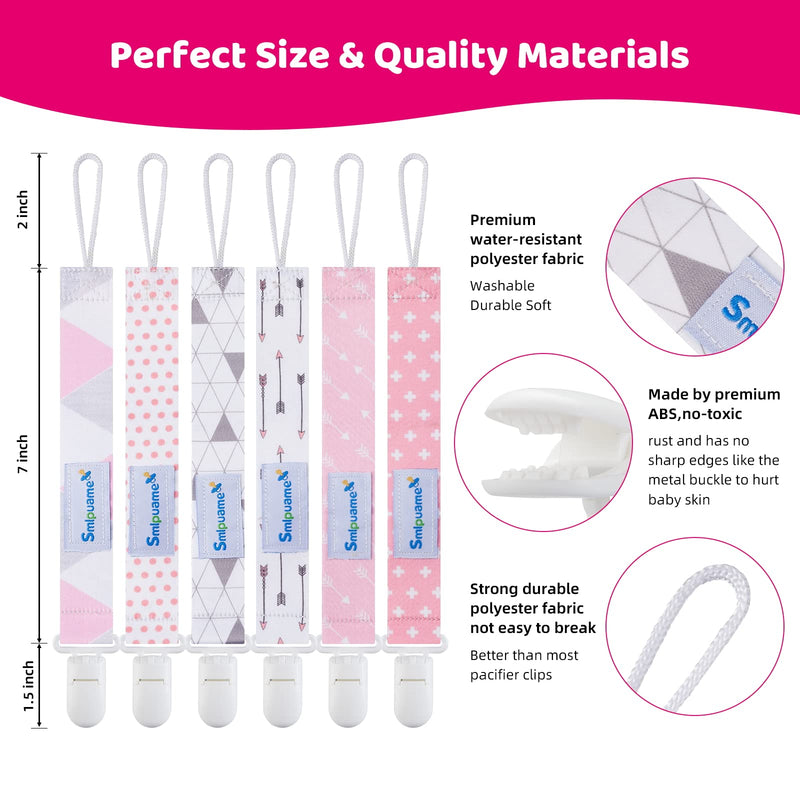 [Australia] - Smlpuame Pacifier Clip Girl,6 Pack Stylish Binky Clips Strap for Baby Girls,Paci Holder with Clip Lightweight Universal Fits Most Pacifiers Teether Toy Teething Ring Soothie,Baby Gifts(Pink & Grey) Pink,Grey Plastic Clip 