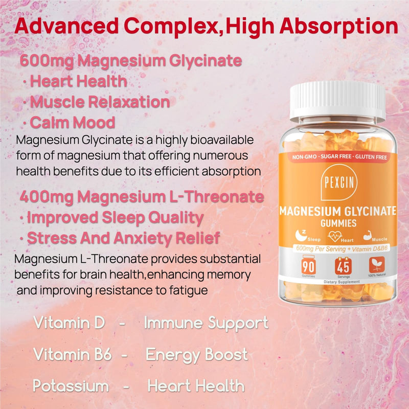 Magnesium Glycinate Gummies for Adults & Kids, 1000mg High Absorption Magnesium Complex Supplement, Sugar Free with Potassium,Vitamin D&B6 for Calm, Better Sleep - 90 Counts Orange 90 Count (Pack of 1)