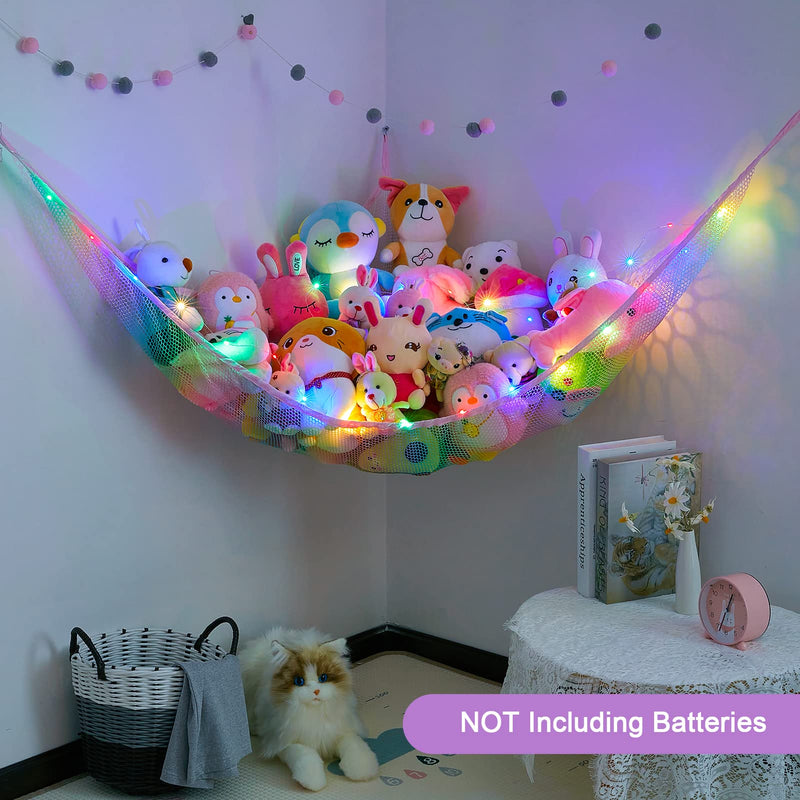 [Australia] - Stuffed Animals Hammock Kids Toy Storage with LED Light Unicorn Castle Plush Toy Organizer Corner Hanging Stuffed Animals Holder for Nursery Kids Girls Room Decor Rainbow 