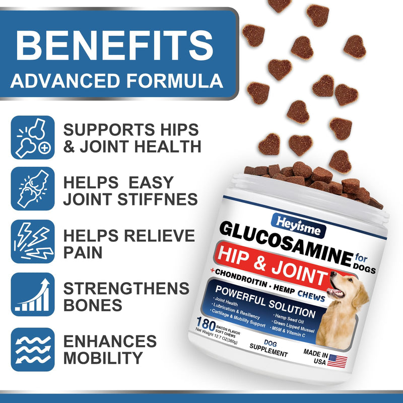 Glucosamine for Dogs, 180 Chews Hip and Joint Supplement for Dogs, Glucosamine Chondroitin, MSM Hemp Dog Joint Pain Relief, Dog Joint Supplement Health Mobility Support (180 Chews, Bacon) - PawsPlanet Australia