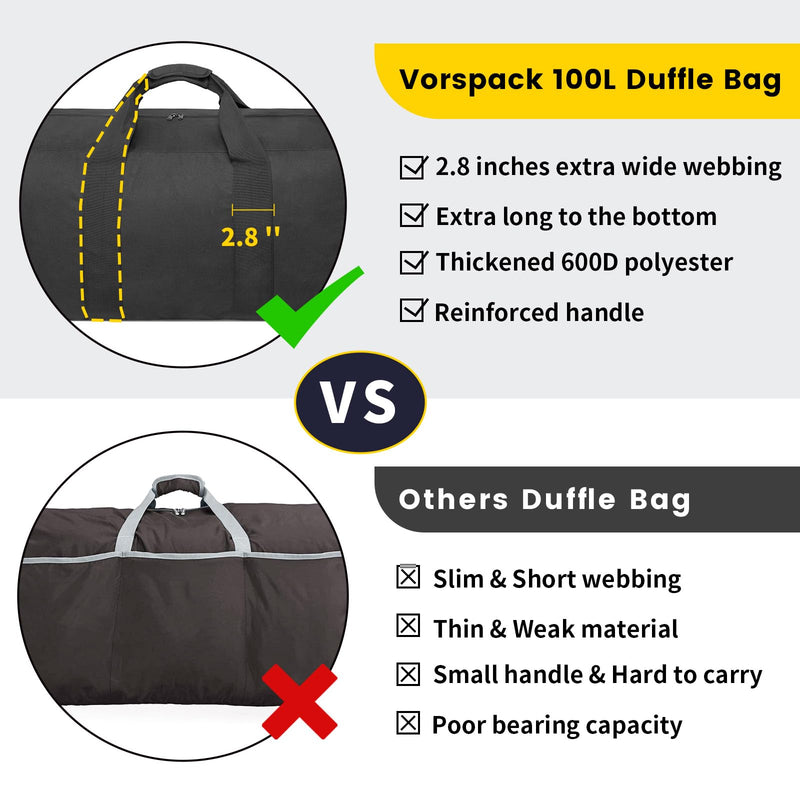 Vorspack 200L Extra Large Duffle Bag for Travel, Camping - Black | Foldable Travel Bag, Thickened 600D Polyester, Tear-Resistant, Padded Handle, Ideal for Moving, Weekend, Overnight, Hospital 200 l